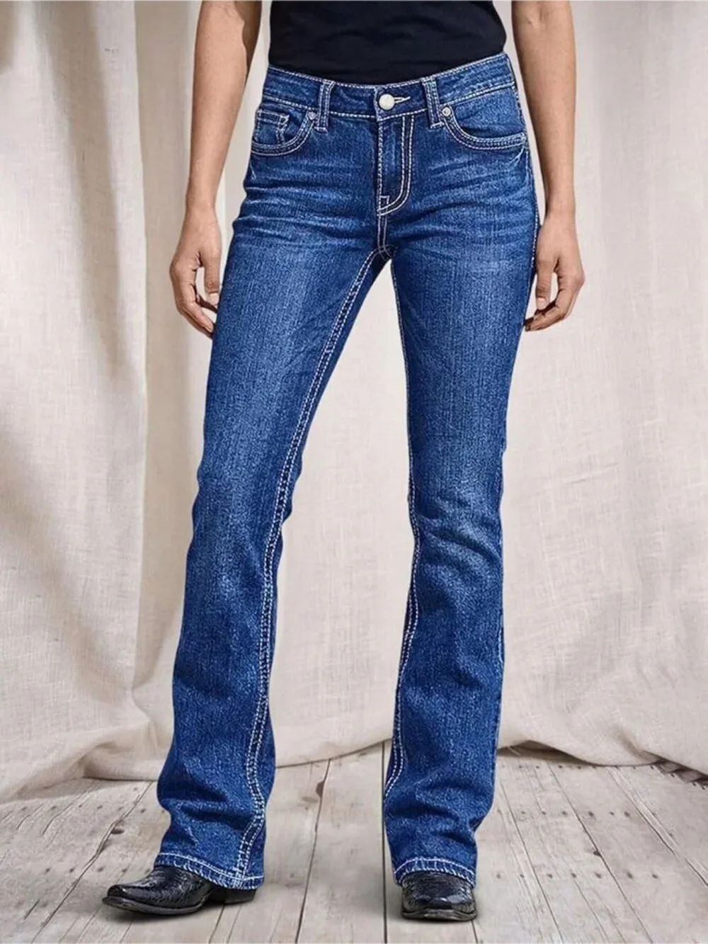 Women's Prussian Blue Pull On Mid Rise Flare Leg Zipper Lifting Bootcut Jeans